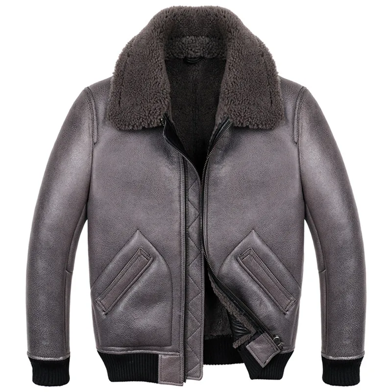 

B3 B6 Mens Sheepskin Bomber Jacket Mens Sheepskin Shearling Coat Fur Coat Gray Color