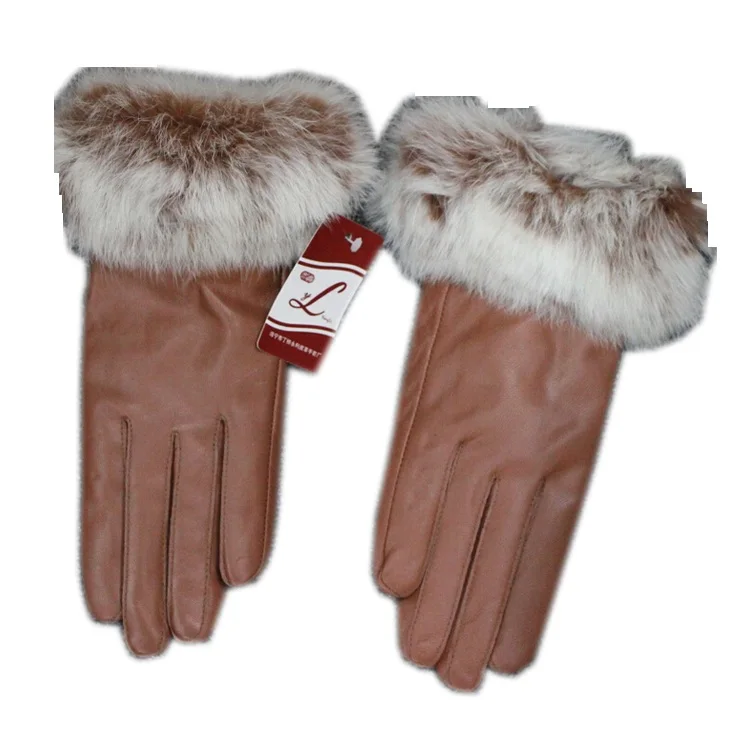 Harppihop Fur  Women Winter Genuine Leather Gloves Fashion Brand Rabbit Fur Warm Driving Girls Gloves Goatskin Mittens Guantes