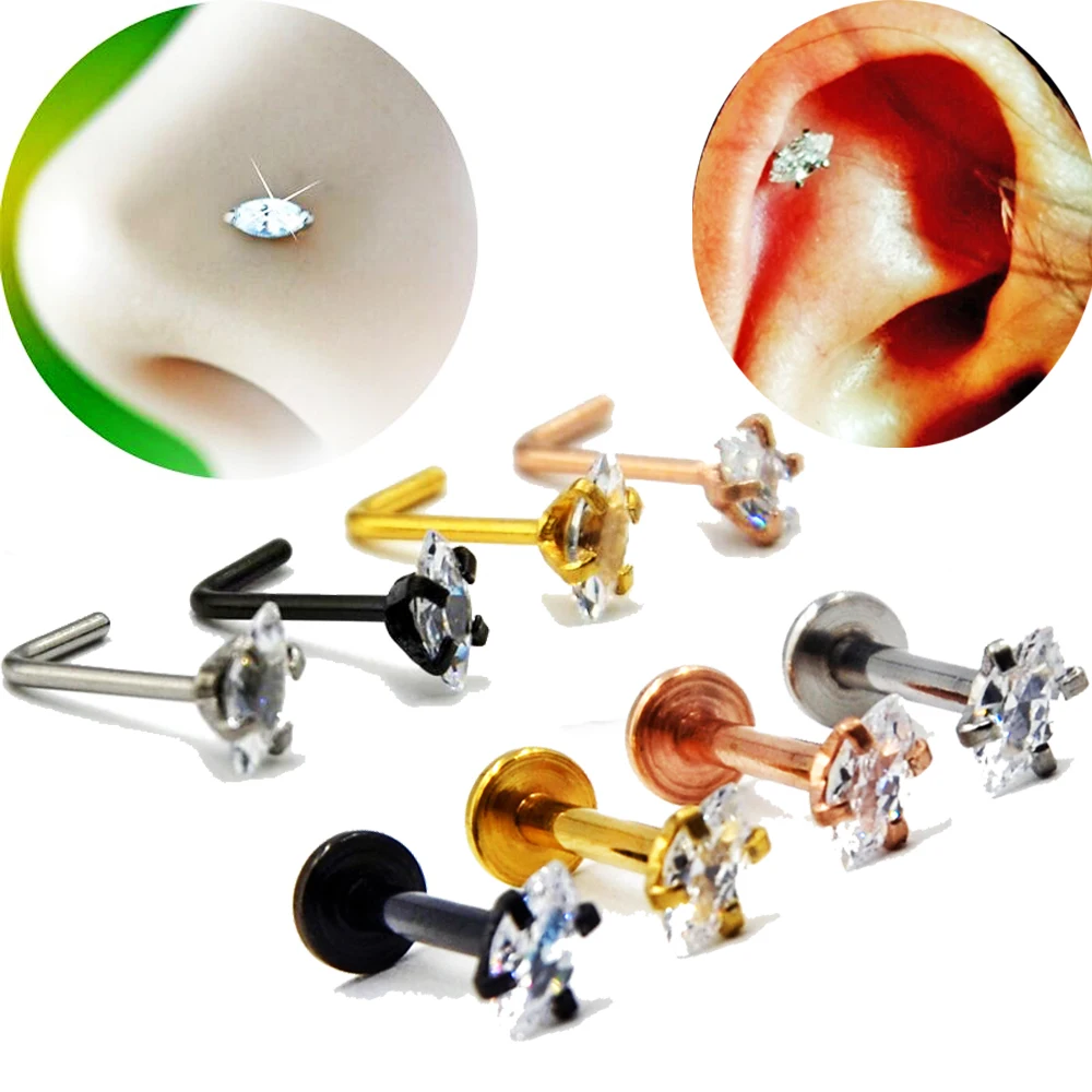 BOG-1PC Prong Set Marquise Gem Straight Nose screw Nose Stud Ring Labret Lip Ring Tragus Cartilage Earring Ear Piercing Jewelry