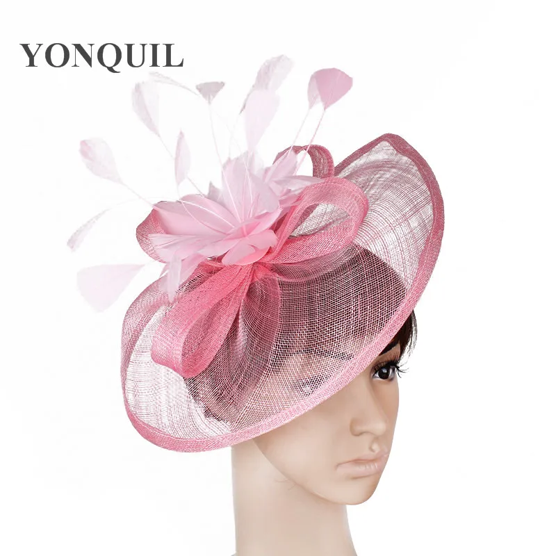 

Pink Big Sinamay Fascinator Hat With Feather Flower For Women Kentucky Derby Wedding Party Races NEW Arrival