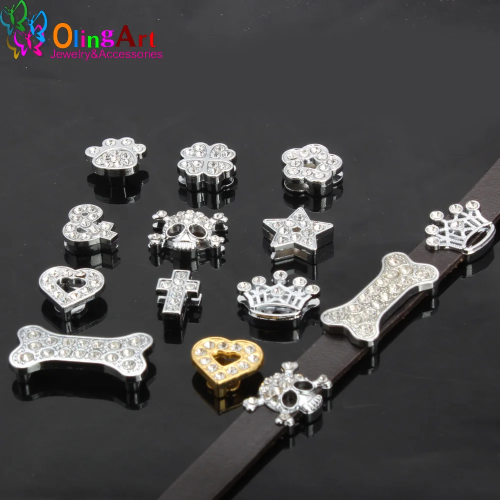 6pcs/Lot Ghost Head/Crown/Cross Various Shapes Etc Slider Spacer Fit 10mm Flat Leather Cord Bracelet Jewelry Making