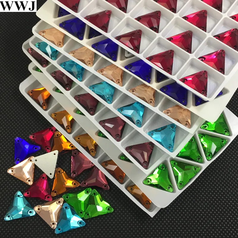 

New 30Pcs 16mm Mix Colors Color Triangle Shape Glass Sew On Stone Flatback 3 Holes Sewing Rhinestones Jewelry Beads
