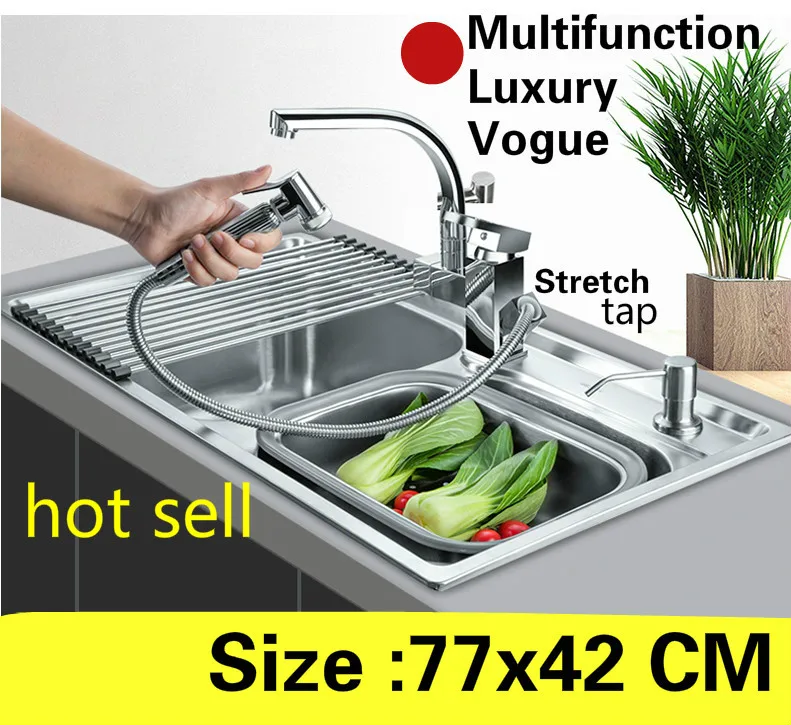 

Free shipping Apartment kitchen double groove sink vogue wash vegetables multifunction 304 stainless steel hot sell 770x420 MM