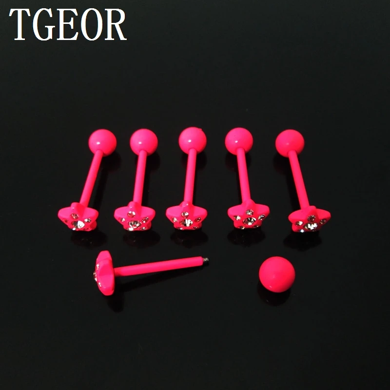 New 1 Pair 1.6*16*6/7mm star gem 6 crystals tongue barbell Stainless Steel mixed  neon colors piercing tongue ring free shipping