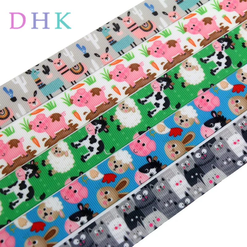 DHK 50yards Animals Pig Cat Horse Printed Grosgrain Ribbon Accessory Material  Headwear Decoration Wholesale Craft DIY S906