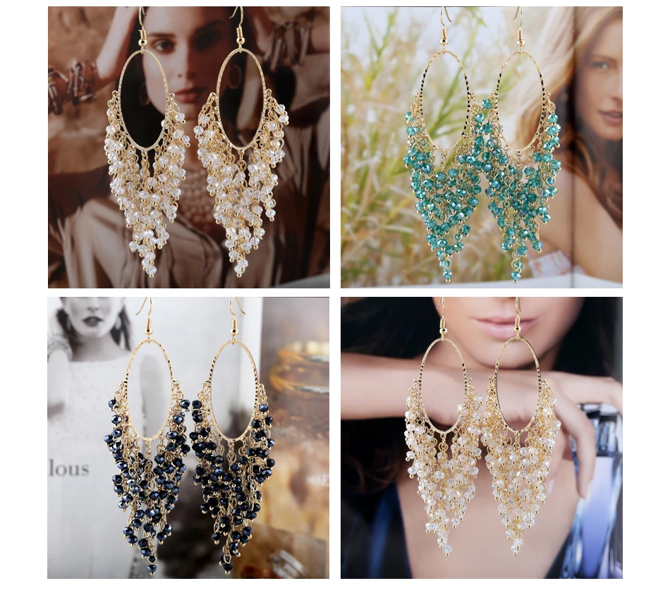 New Trendy Handmade Crystals Beaded Statement Earrings for Women Personalized Exaggerate Piercing Dangle Eardrop Ear-ring Earbob