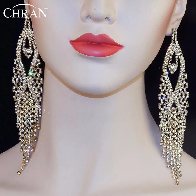 CHRAN Gold Color Rhinestone Chandelier Dangle Long Tassel Earrings for Women Ladies Jewelry Statement Wedding Earrings For Bride