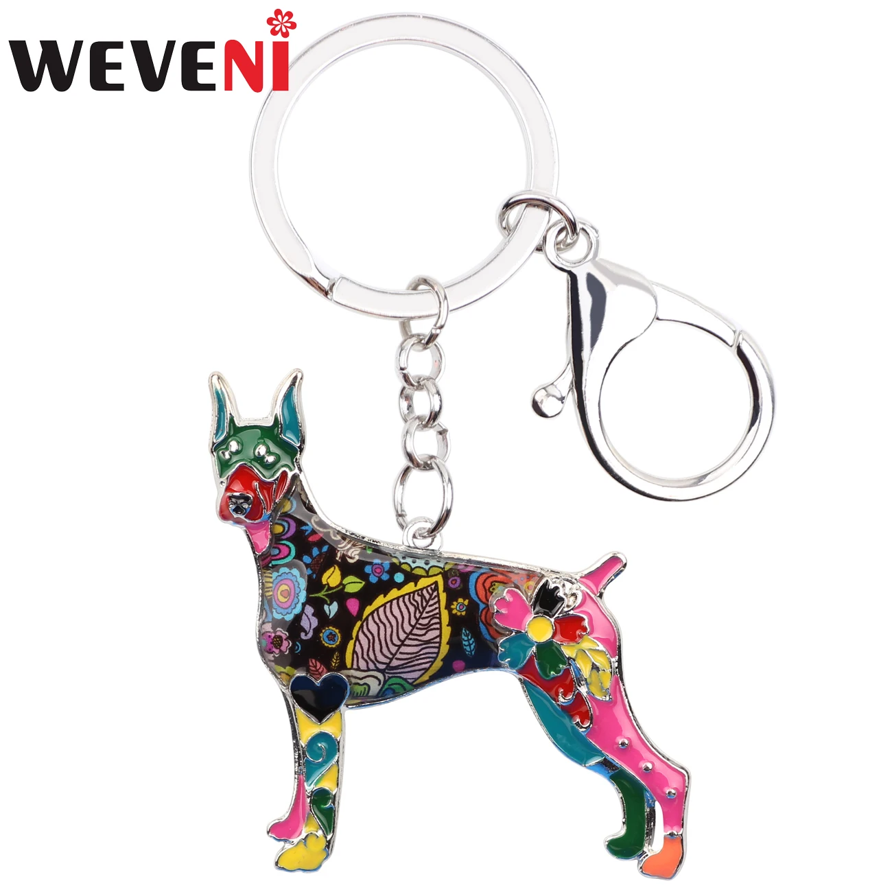 WEVENI Enamel Metal Doberman Dog Key Chain Keychain Animal Jewelry For Women Girls Pet Lovers Bag Purse Pendant Gift Charms Bulk