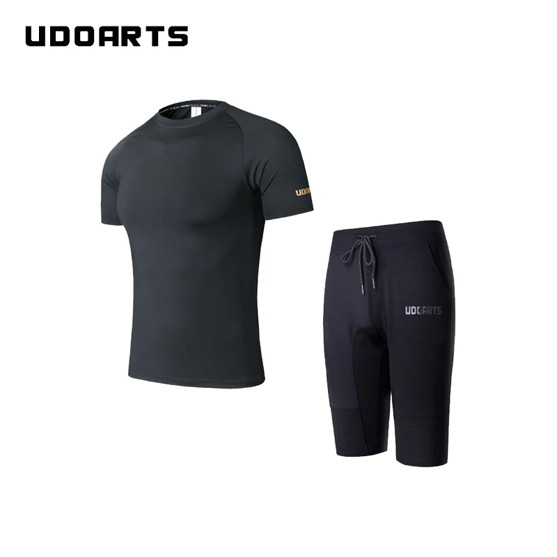 Udoarts Compression Round-Neck Shirt and Ponte Fabric Shorts With Zippers - Fitness Yoga Running Training Suit for Men