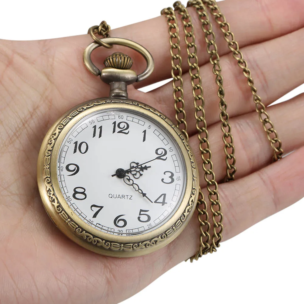 1 Pcs Men Women Bronze Quartz Pocket Watch Carved Case with Chain vintage interesting birthday father's day present