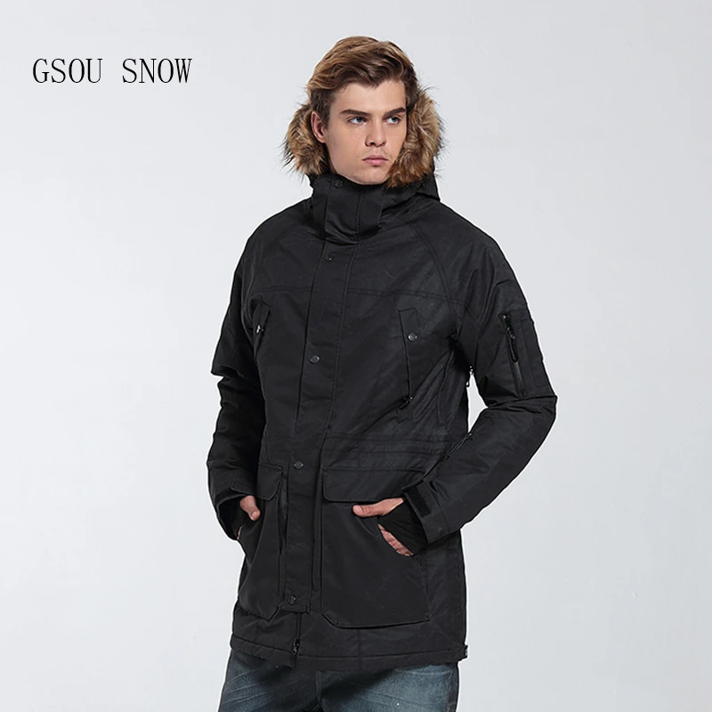 

GSOU SNOW new Men's ski suit Super Warm Fur Hooded Winter snow Jacket Windproof Waterproof Ski Snowboard male Jacket Plus Size