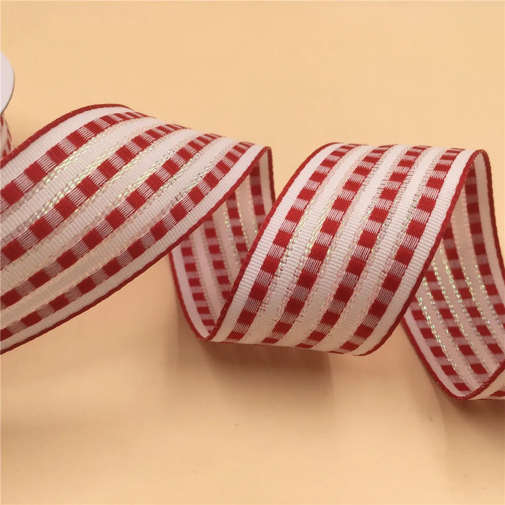 38mm X 25yards Red Stitched Lines Wired Edge Ribbon for  DIY Bows Crafts Gift Wrapping Christmas Decoration N1205