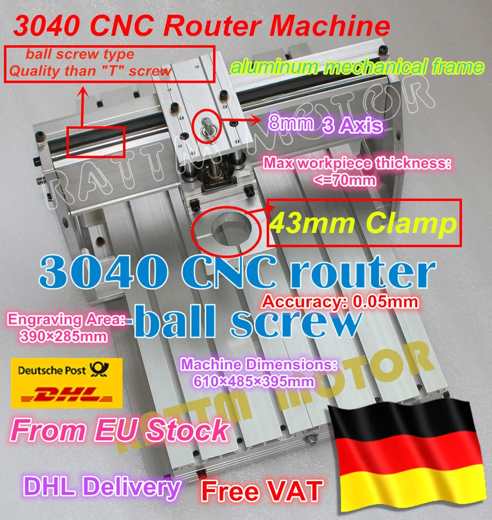 【 EU Free VAT 】  3040 CNC router milling machine mechanical kit Frame ballscrew with 43mm Neck Spindle Mount for KRESS motor