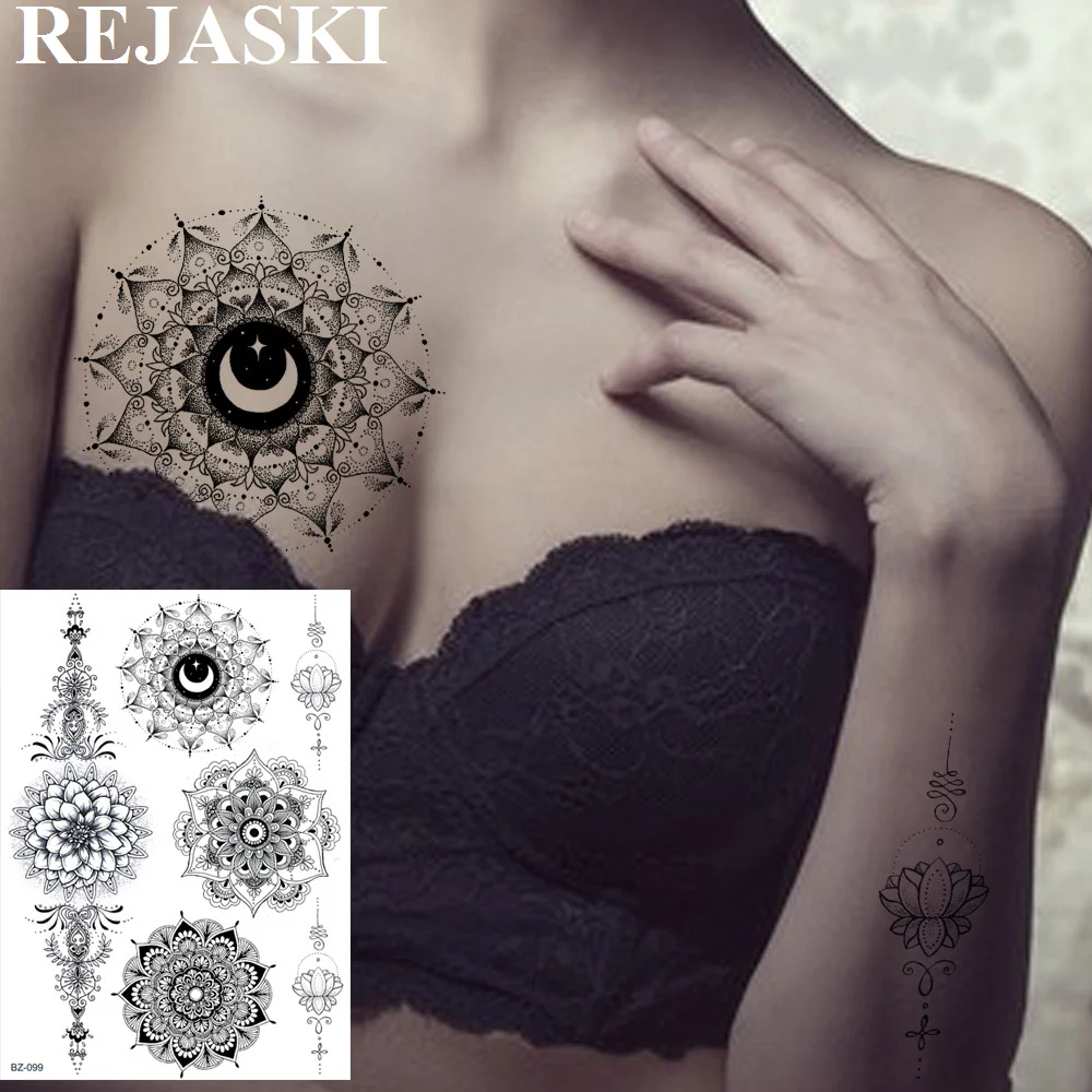 REJASKI Black Henna Totem Mandala Flower Mehndi Realistic Temporary Tattoos Sticker Body Art Sexy Tattoo Custom inbox Tatoos