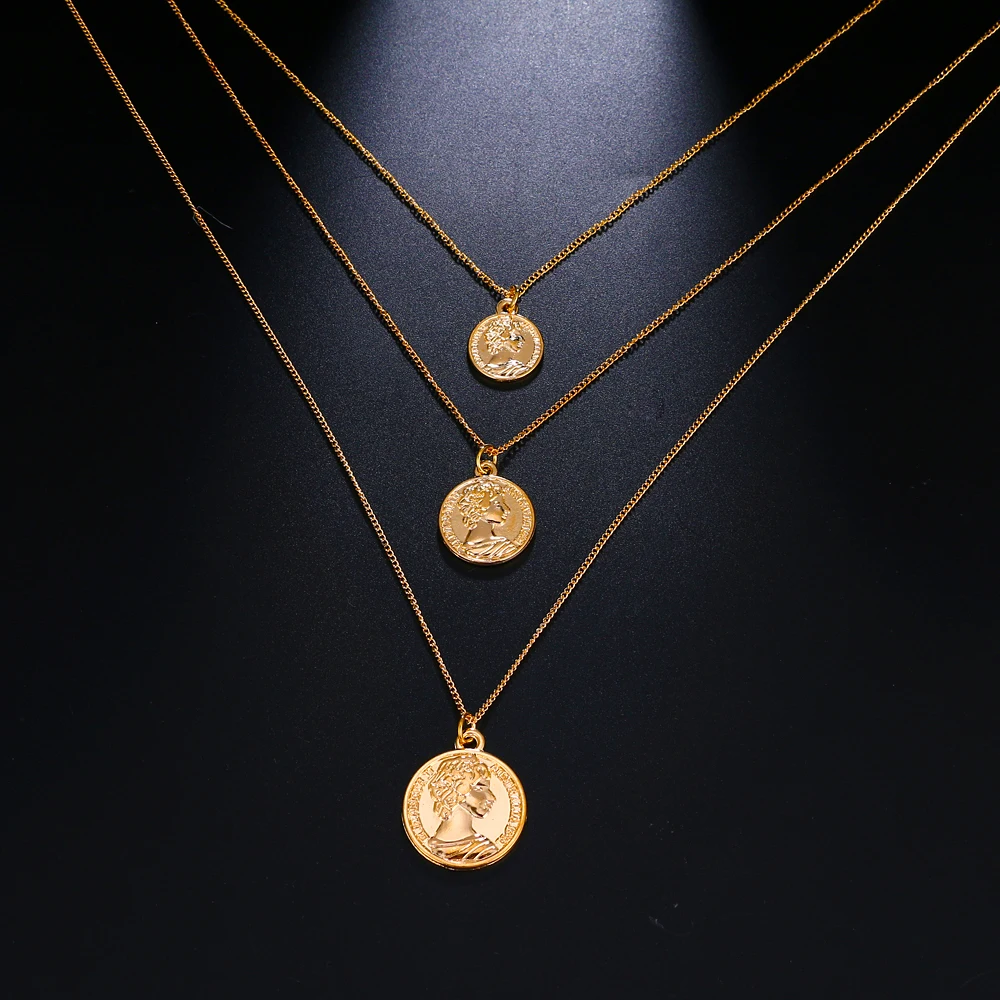 Vintage Carved Coin Necklace For Women Fashion Gold Color Medallion Necklace Multiple Layers Pendant Long Necklaces Boho Jewelry