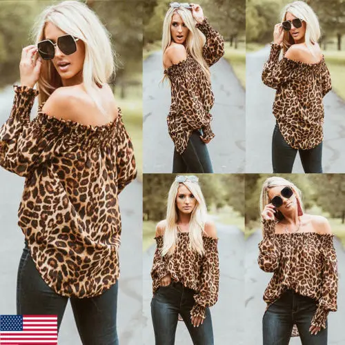 Women Tops Blouses 2019 Autumn Elegant Long Sleeve Leopard Print Off Shoulder Blouse Female Ladies Shirts Blouse