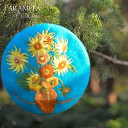 Faramita Holiday Van Gogh Famous Painting Sunflower Women Blue Hat Hand Made Girls Wool Berets Manual Art Caps Hat Painter Beret