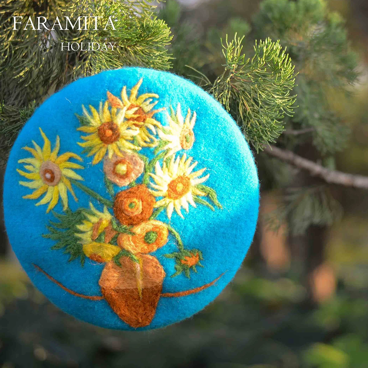 Faramita Holiday Van Gogh Famous Painting Sunflower Women Blue Hat Hand Made Girls Wool Berets Manual Art Caps Hat Painter Beret