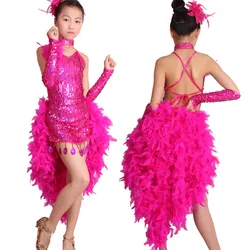 Hot New Girls Latin Dance Dress Costume Shining Sequin+Sexy Feather Skirt Salsa Jazz Ballroom Dance Performance/Competition Wear