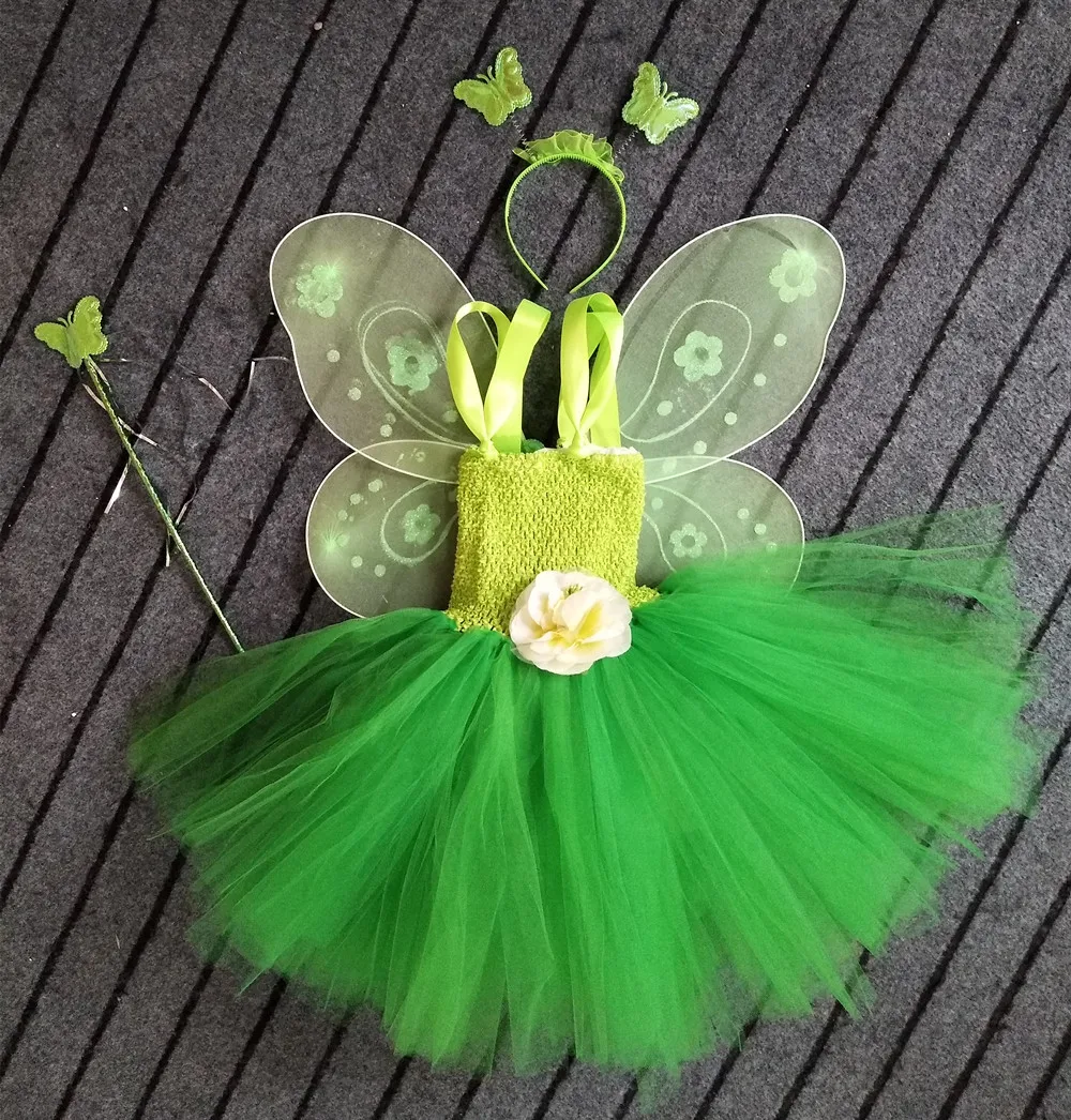 Girls Green Fairy Flower Tutu Dress Kids Fluffy 2Layer Tulle Tutus with Butterfly Wing Headband Set Children Cosplay Party Dress