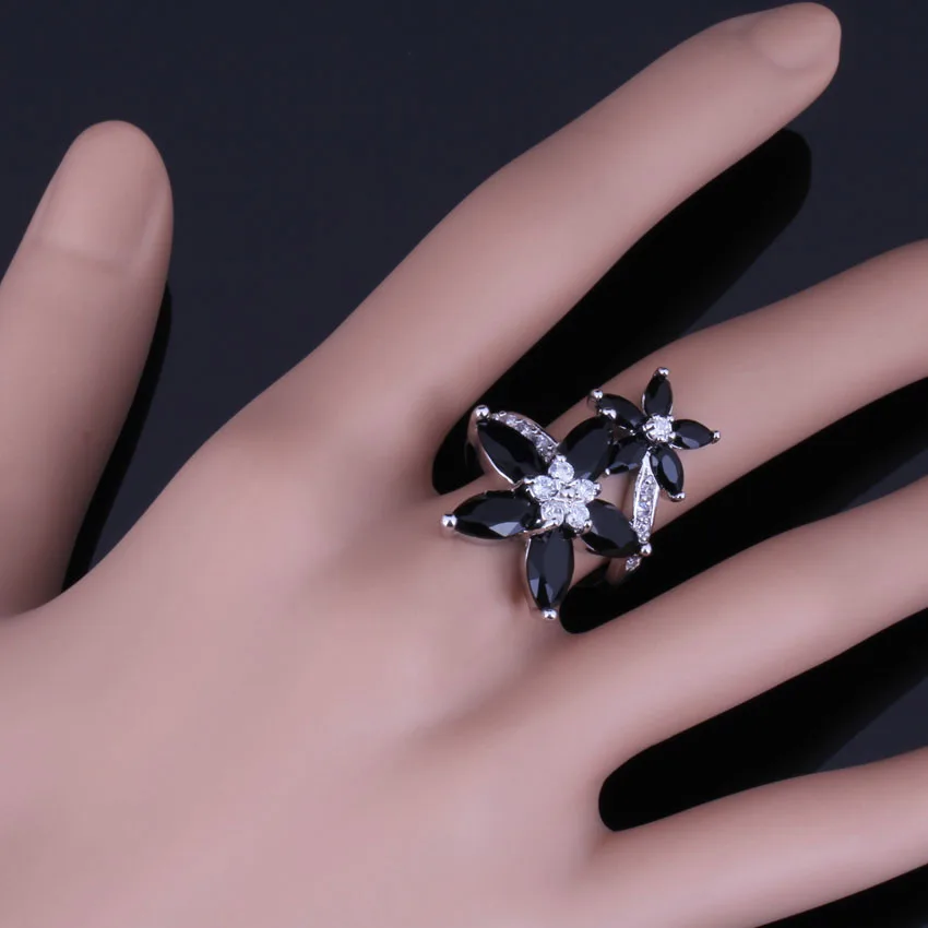 Silky Star Black Cubic Zirconia White CZ Silver Plated Ring V0516