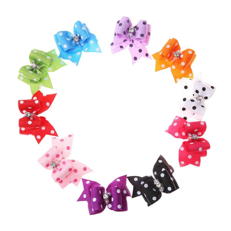 1 Pair Boutique Handmade Dog Hair Bows 10 Colors Dot Pattern Pet Hair Accessories With Rubber Band Rhinestone Decorated Bowknot