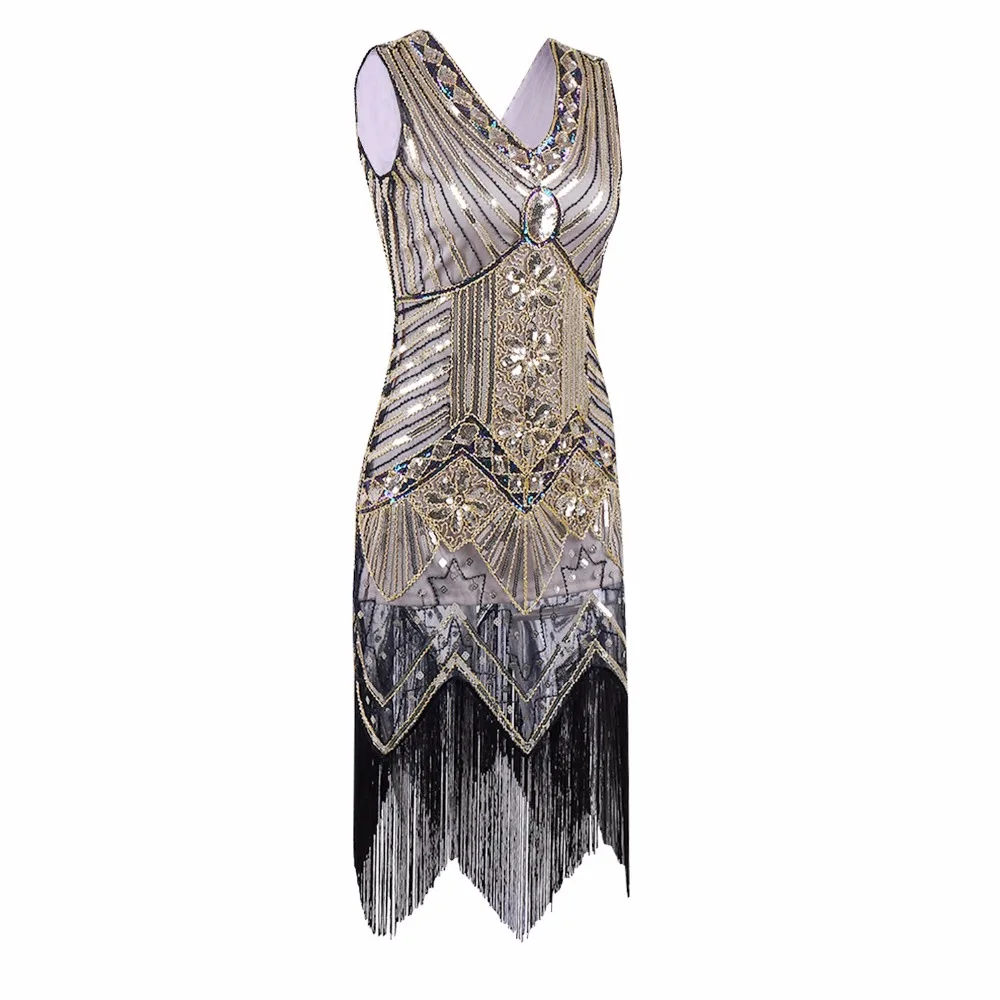 Great Gatsby Dress Women Sequined Dress V Neck Beaded Sequined Art Deco Flapper Dress 1920s Vintage Party Dresses Sexy Club