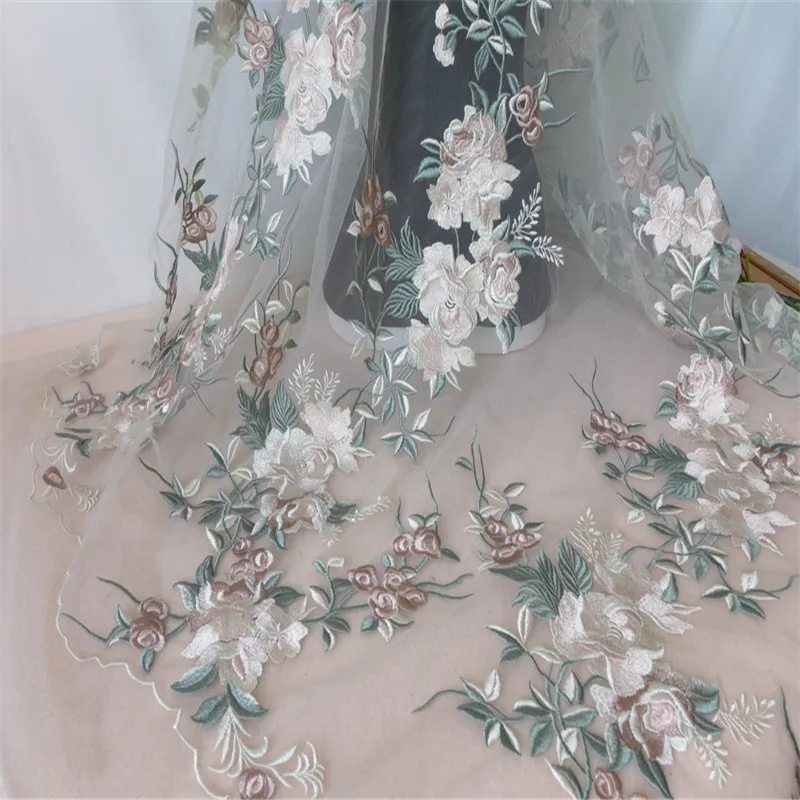 Light Green/Pink Floral Embroidered Tulle Mesh Organza Lace Fabric For Camera Backdrop Bridal Wedding Gown