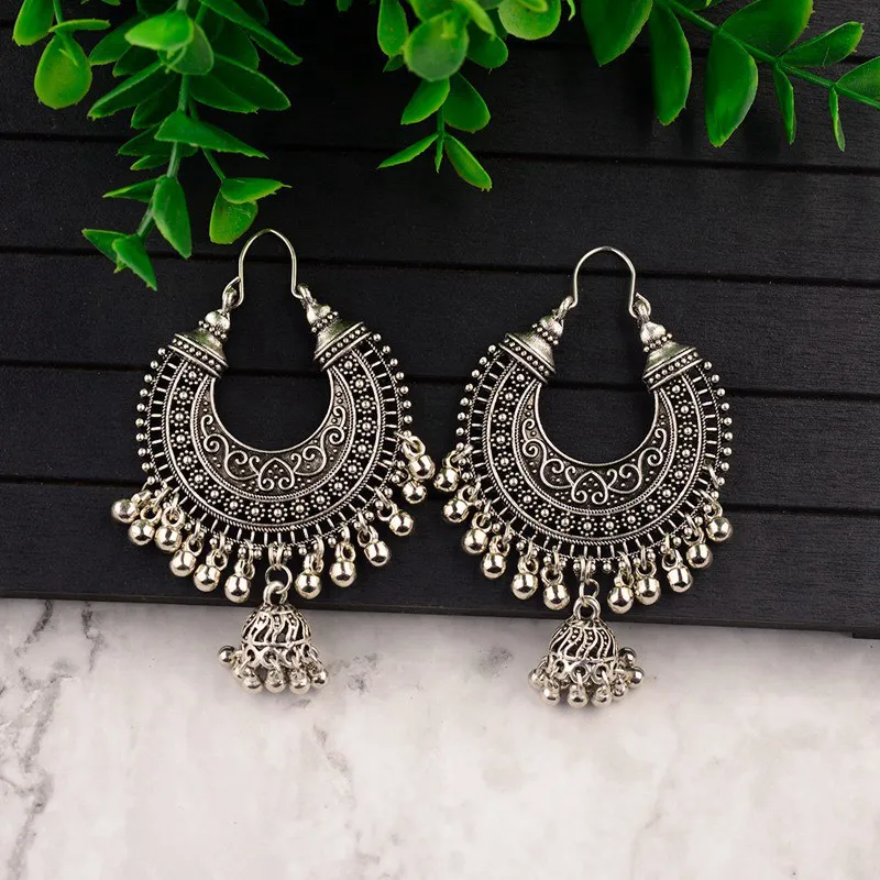 Classic Ethnic Water Drop Jhumka Earrings Women Vintage Carved Turkish Silver Color Tassel Indian Turkey Jewelry Ladies Bijoux