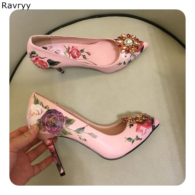 Crystal Woman\'s high heels flower paint sexy pump pink female wedding party dress shoe pointed toe slip-on stilettos single shoe