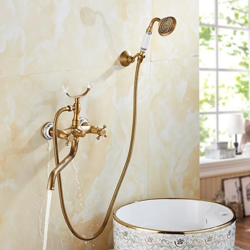 

Shower Faucets Antique Brass Bathroom Faucet Rainfall Shower Head Round Handheld Wall Mounted Bath Tub Mixer Tap Set MO741