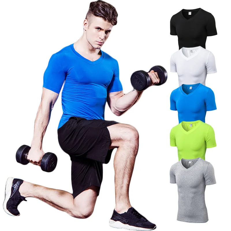 

Men's Tops Tees Bodybulding quick dry v neck Sport short sleeve t shirt men trends fitness tshirt free shipping