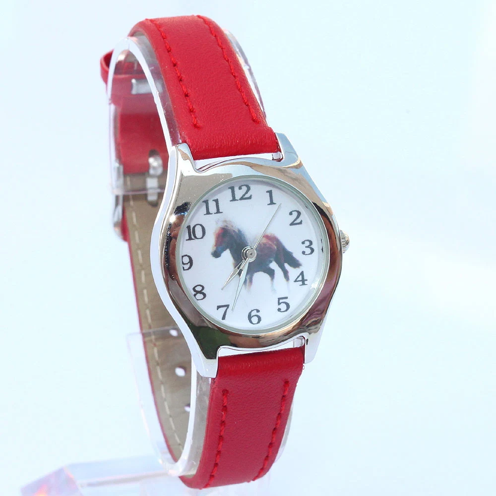 Popular Cute Girl Ladies Watch Kids Watches Horse Leather Quartz Student Kids Animal Cartoon Children Wristwatch U11 red