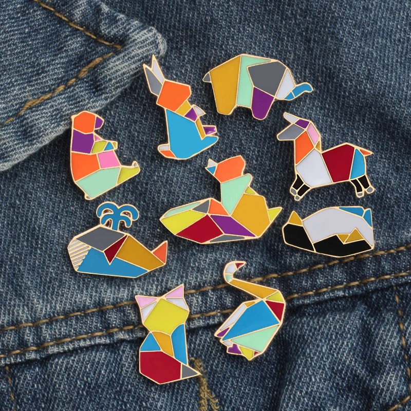 Fashion Origami Crane Rabbit Penguin Elephant Cat Goose Whale Horse Brooches Colorful Splicing Animal Enamel Pins Badges Jewelry