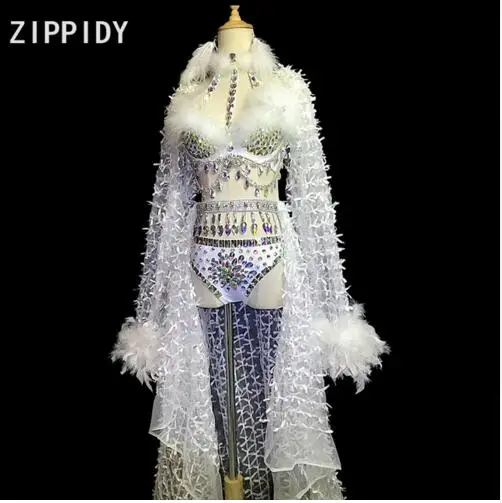 

Sexy Multicolor Rhinestones Feather Bra Short Mesh Long Tail Outfit Set Women's Party Costume Female Singer Dancer Show Stage W