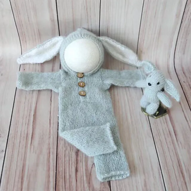 

Newborn Romper Set Knitted Rabbit Toy Baby Easter Bunny Bonnet Soft Hat Infant Pajamas Newborn Onesie Overalls Photogaphy Props