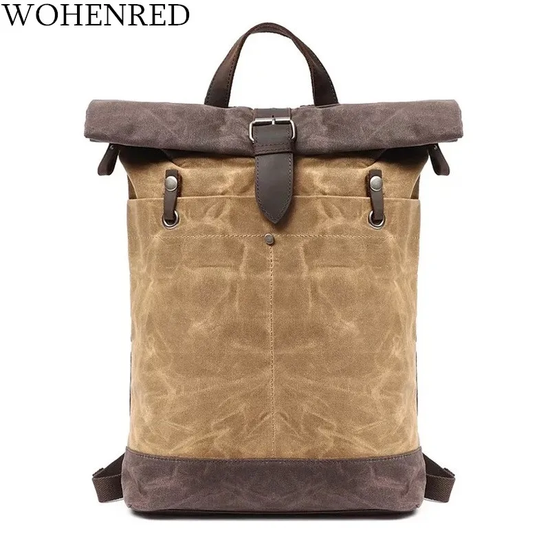 WOHENRED Vintage Canvas Backpacks for Men Waterproof Leather School College Weekend Travel Laptops Backpack Male Casual Daypack