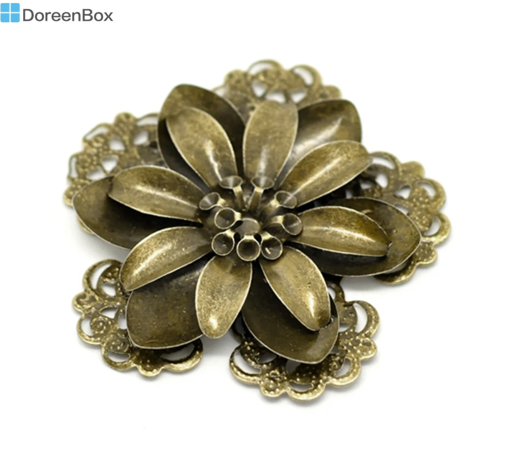 10 PCs Doreen Box Filigree Flower Embellishment Findings Alloy Antique Bronze Color 5.3x5.1cm For DIY Jewelry Making Wholesale