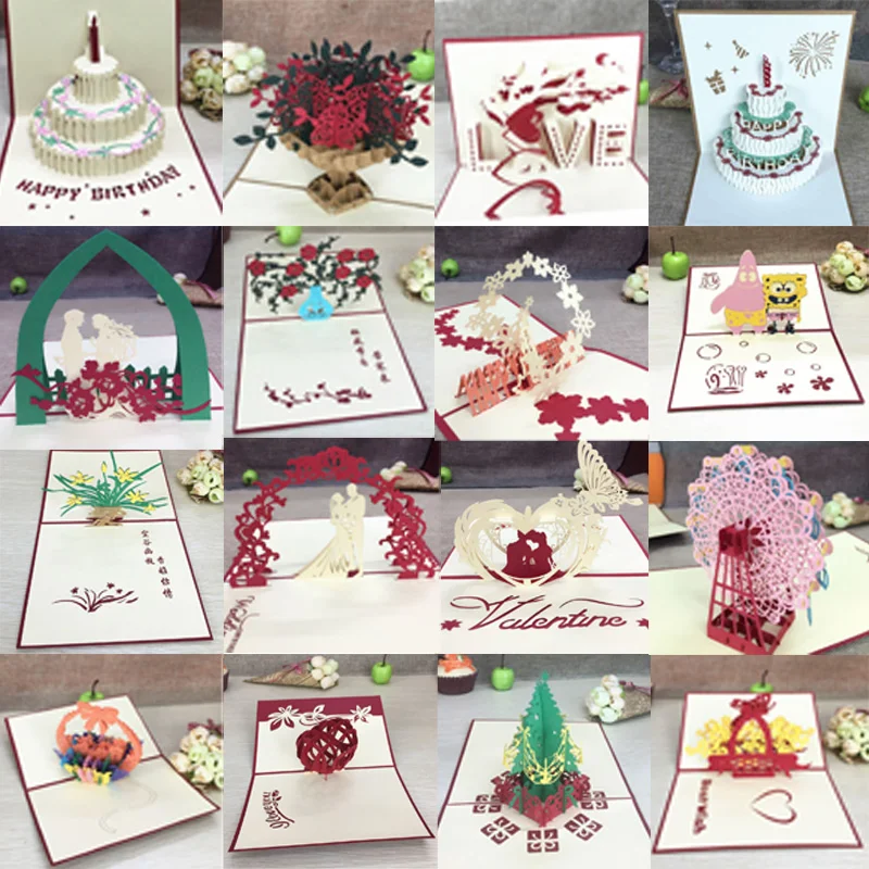 1pcs 3D Pop Up Greeting Cards With Envelope Laser Cut Post Card For Birthday Christmas Valentine' Day Party Wedding Decoration