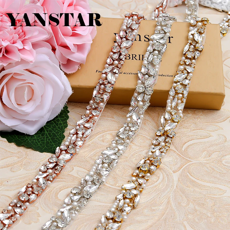 

YANSTAR 10YARDS Wholesale Rhinestone Applique With pearl For Wedding Sash Clear Silver Crystal Applique YS987