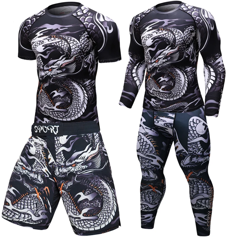 Brand New MMA WorkOut Compress Men T-shirt Long Sleeves BJJ 3D Fitness Tights Men Rashguard Tshirt + Trousers Men\'s Clothing