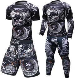 Brand New MMA WorkOut Compress Men T-shirt Long Sleeves BJJ 3D Fitness Tights Men Rashguard Tshirt + Trousers Men's Clothing