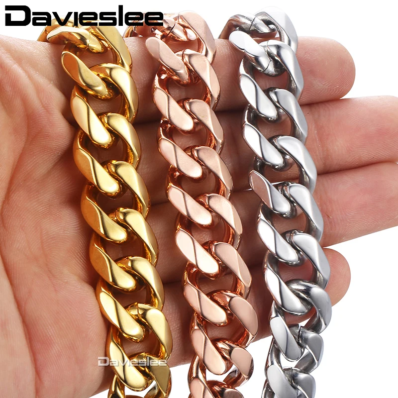 Davieslee Bracelets For Men Rose Gold Silver Color Curb Cuban Link Chain Stainless Steel Men Bracelet 2018 Jewelry 14mm LKBM25