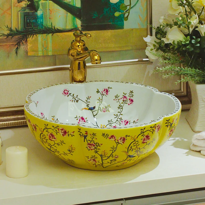 

Yellow and white Jingdezhen ceramic sink wash basin Ceramic Counter Top Wash Basin Bathroom Sinks wash basins flower and bird