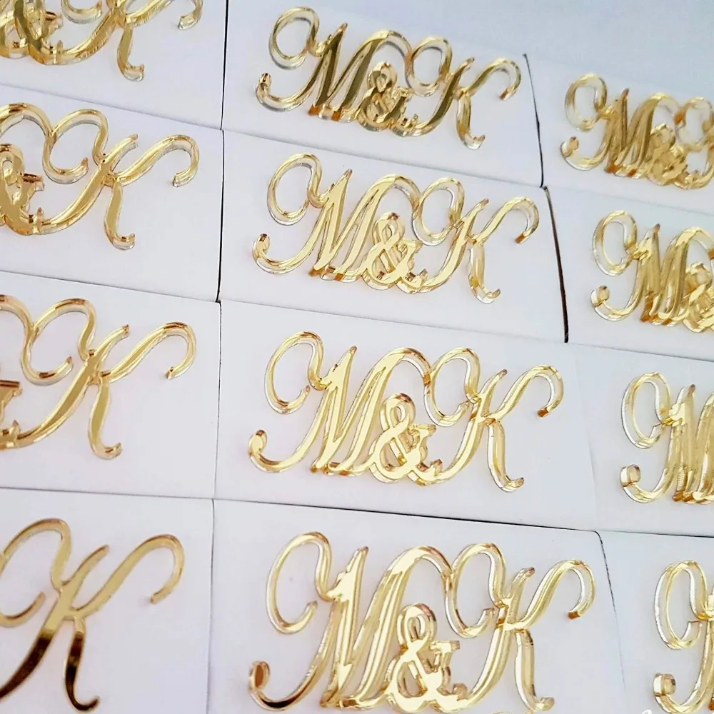 12 * Personalized Bride and Groom Initials Gold Plaques Wedding Logo Decorated Chocolate Silver Mirror Anniversary Favors Banner