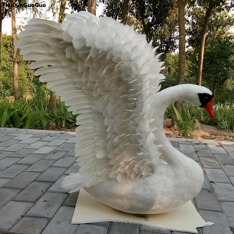 

simulation swan bird hard model large 90x70cm white feathers swan opening wings prop,home garden decoration gift s1164