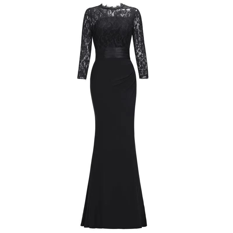 Elegant Long Sleeve Mermaid Evening Dresses 2022 Scoop Neck Burgundy Black Lace Trumpet Evening Party Gown Women Vestidos Noche