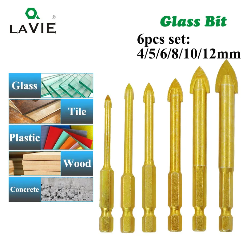 

6pcs 1/4" Hex Shank Glass Bits Titanium Coated Glass Drill Set 4 5 6 8 10 12mm Tile Concrete Flat Tip Hole Bit Drilling DB02009