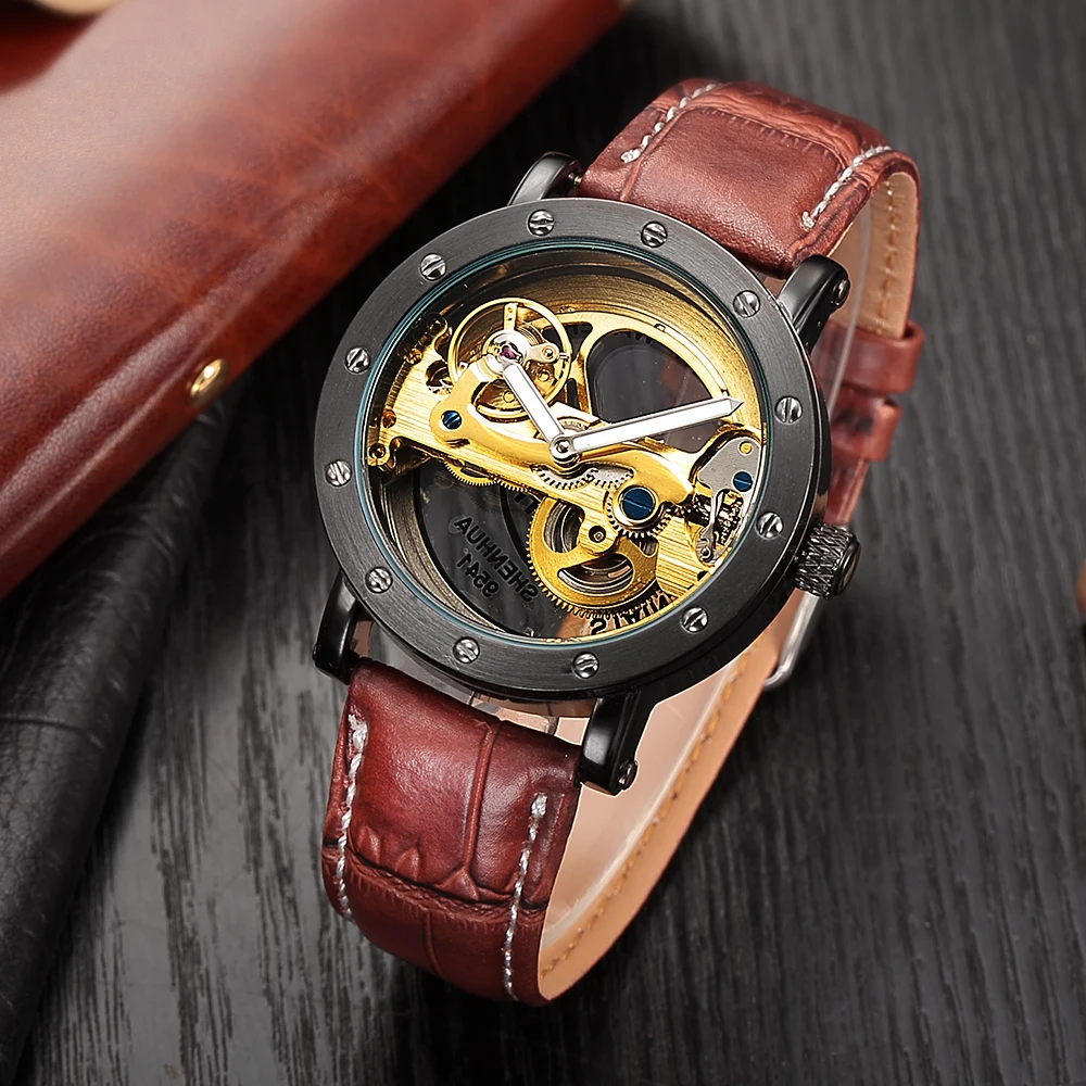 SHENHUA Automatic Mechanical Watch men Top Brand Luxury Leather Stainless Steel Transparent Skeleton Watch Relogio Masculino