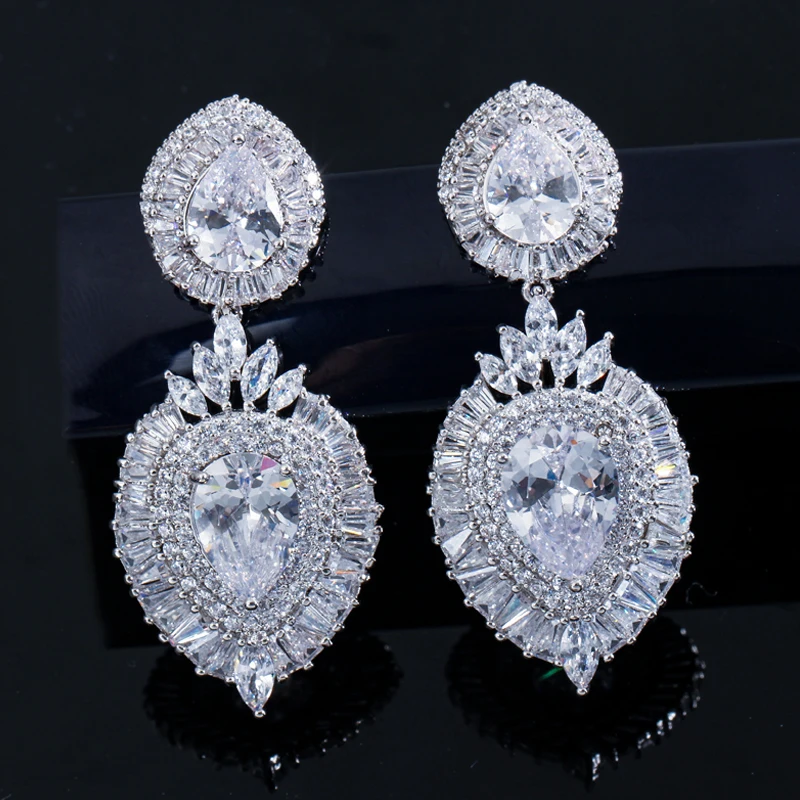 BeaQueen Gorgeous Big Water Drop Cubic Zircon Micro Pave Baguette Crystal Long Dangle Earrings Bridal Wedding Party Jewelry E281 image 4